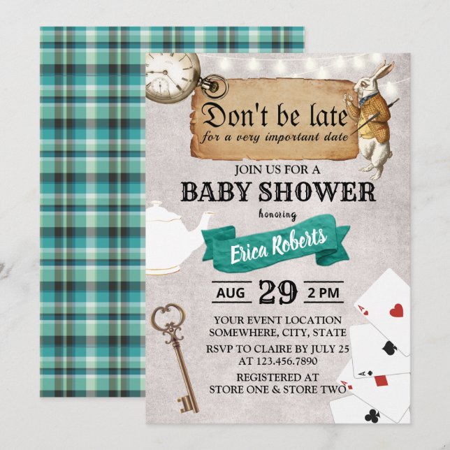 Alice in Wonderland Don't be Late Cute Baby Shower Invitation (Front/Back)