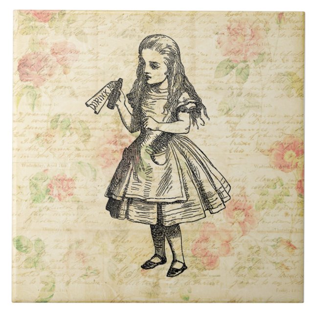 Alice in Wonderland Drink Me Illustration Floral Tile (Front)