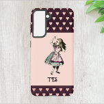 Alice in Wonderland Fairy Tale Monogram Samsung Galaxy Case<br><div class="desc">Do you like the whimsical Alice in Wonderland fairy tale? This design features the classic illustration of Alice,  in burgundy and aqua,  seeming bewildered but charming. Burgundy and peachy pink hearts border the design. Add your initials to personalize this design.</div>