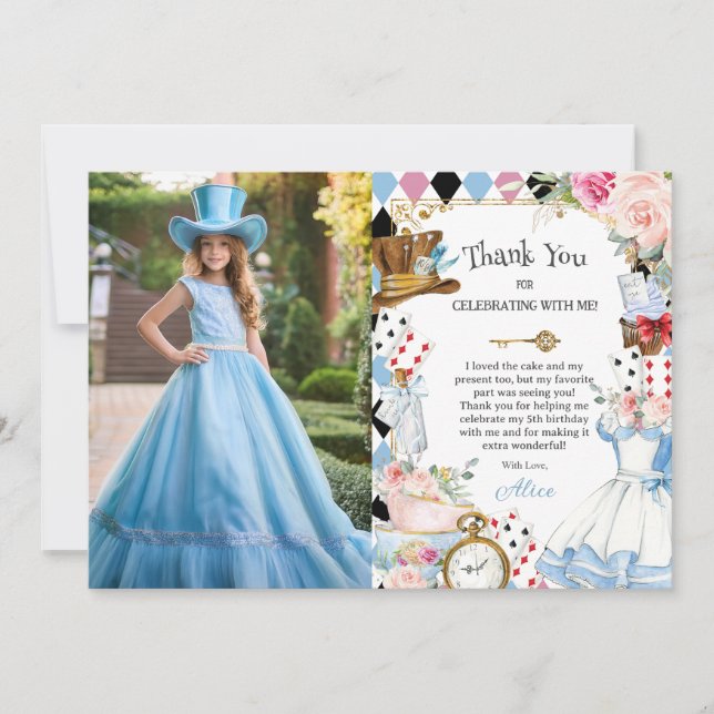 Alice in Wonderland Floral Birthday Tea Picture Thank You Card (Front)