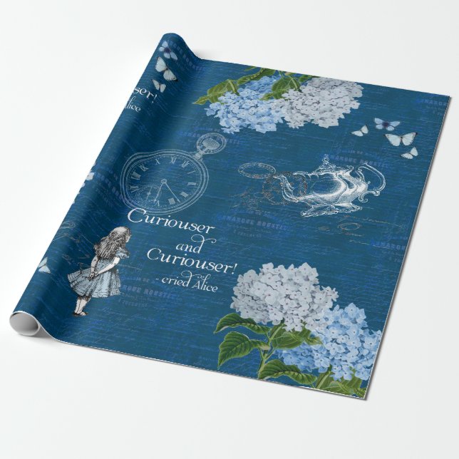Alice in Wonderland Floral Blue Wrapping Paper (Unrolled)