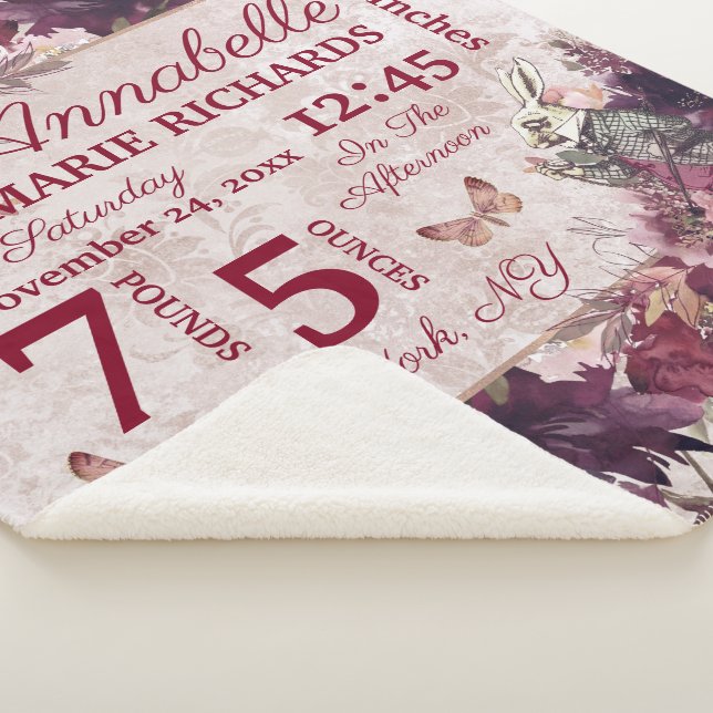 Alice in Wonderland Floral Custom Baby Birth Stats Sherpa Blanket (3/4)