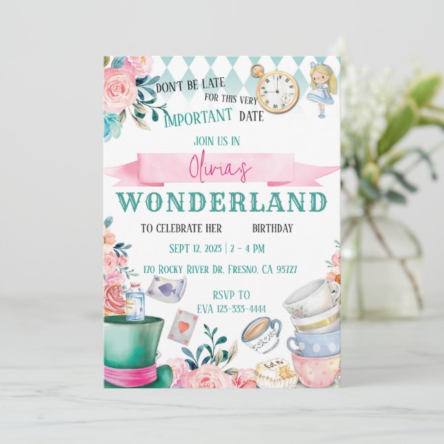Alice in Wonderland Girl Birthday Invitation (Standing Front)