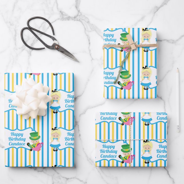 Alice in Wonderland Girl Cute Custom Kids Birthday Wrapping Paper Sheet (Front)