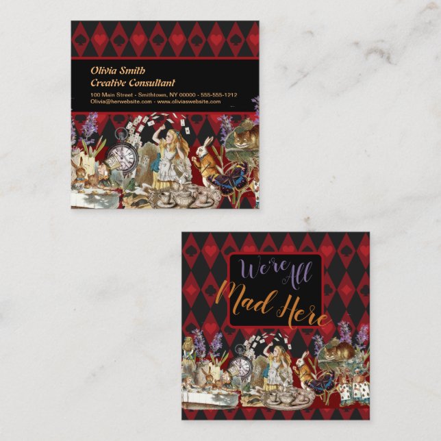 Alice in Wonderland Mad Cheshire Cat Square Business Card (Front/Back)