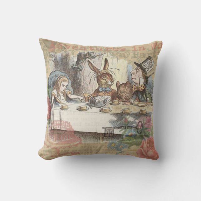 Alice in Wonderland Mad Tea Party Art Throw Pillow (Front)