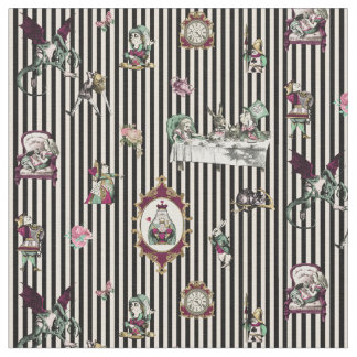 Alice in Wonderland on Black and Cream Striped Fabric