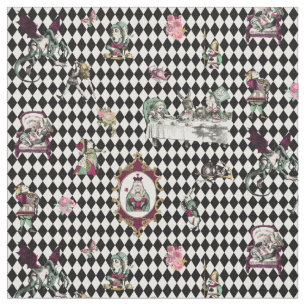 Alice in Wonderland on Black and White Harlequin Fabric