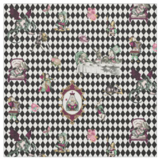 Alice in Wonderland on Black and White Harlequin Fabric