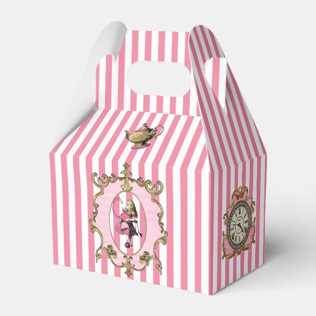 Alice in Wonderland on Pastel Pink/White Striped  Favor Box (Front Side)
