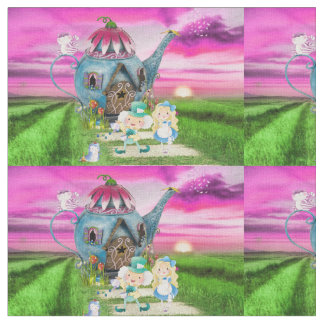 Alice in Wonderland on Tea pot Background Fabric