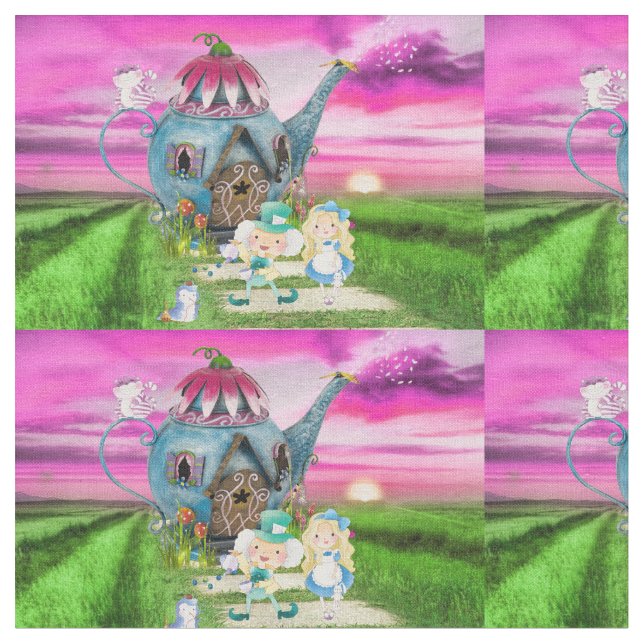 Alice in Wonderland on Tea pot Background Fabric (Close Up)