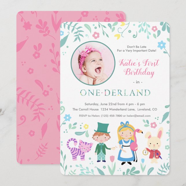 Alice in Wonderland | One-derland first Birthday Invitation (Front/Back)