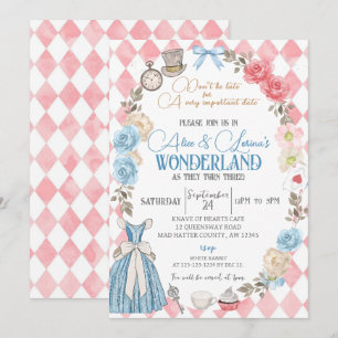 Alice in Wonderland Party, Twins 3rd Birthday Tea Invitation