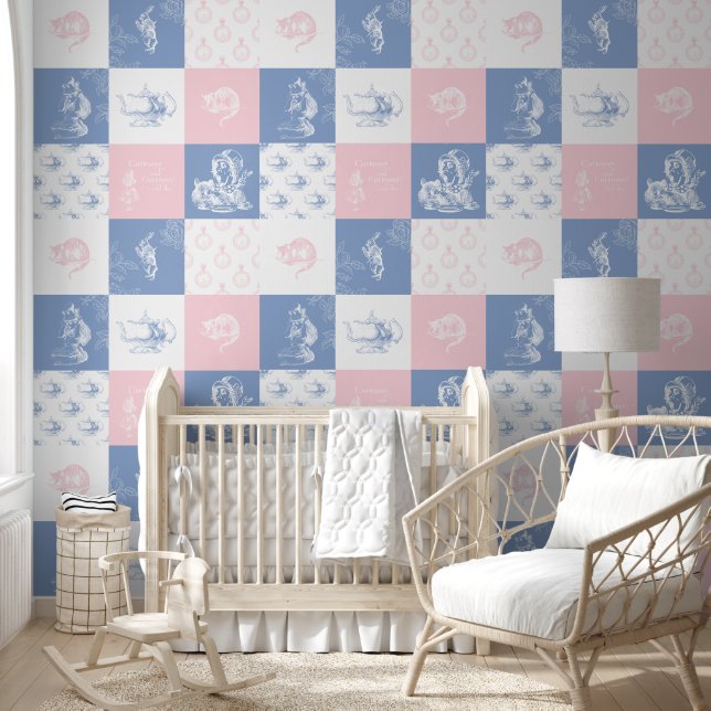 Alice in Wonderland Patchwork Blue Pink Wallpaper (Kids)
