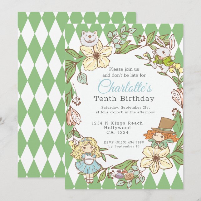 Alice in Wonderland Personalized Party Invitation (Front/Back)