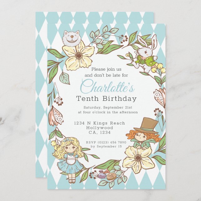 Alice in Wonderland Personalized Party Invitation (Front/Back)