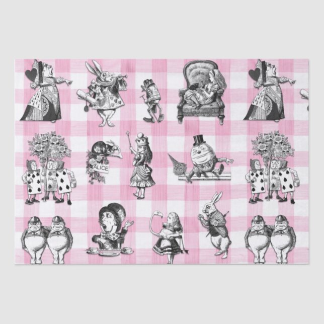 Alice In Wonderland, pink and white gingham Tissue Paper (Front)