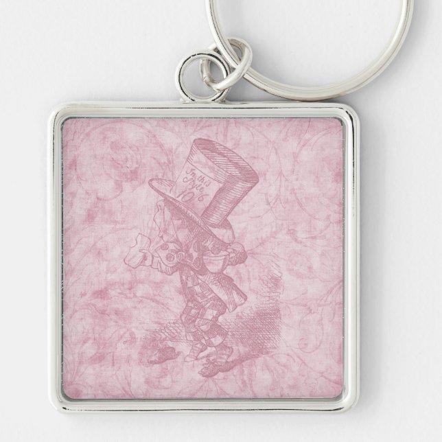Alice in Wonderland Pink Floral Art Mad Hatter Keychain (Front)