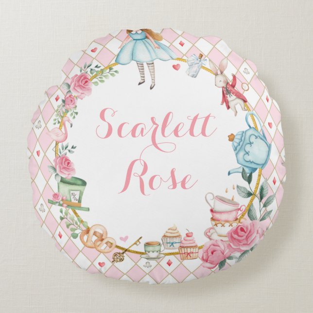 Alice in Wonderland Pink Floral Baby Girl Nursery Round Pillow (Front)