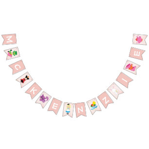 Alice in Wonderland Pink Monogram Birthday Party Bunting Flags