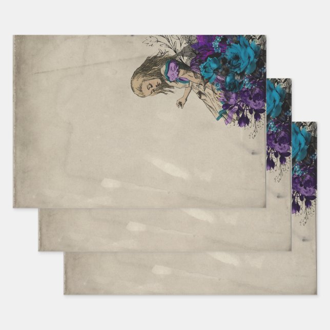 Alice in Wonderland Purple Floral Decoupage Wrapping Paper Sheet (Set)