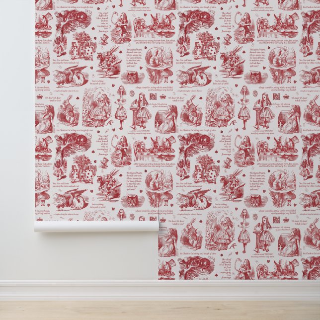 Alice in Wonderland Red White Toile Nursery Wallpaper (Application)