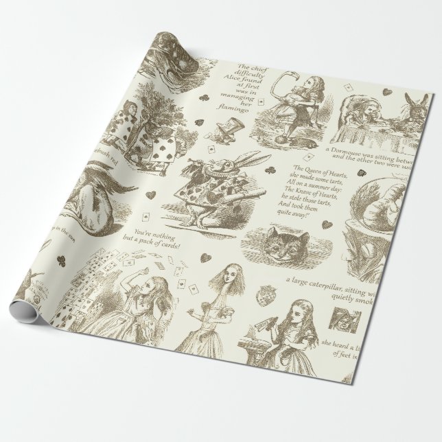 Alice in Wonderland Sepia Beige Toile Quotes Wrapping Paper (Unrolled)
