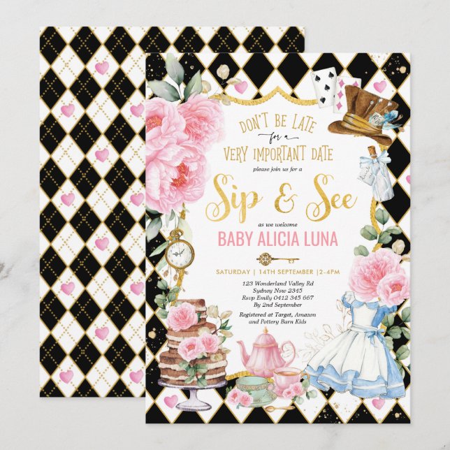 Alice in Wonderland Sip & See Tea Party Baby Girl Invitation (Front/Back)