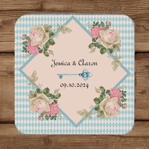 Alice in Wonderland  Soft Blue Harlequin Square Paper Coaster