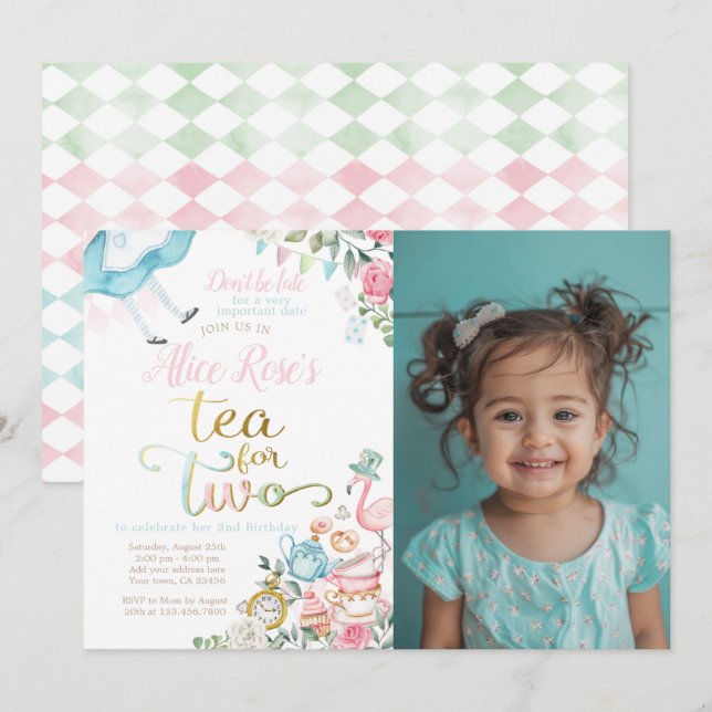 Alice in Wonderland, Tea for Two 2nd Birthday Invitation (Front/Back)