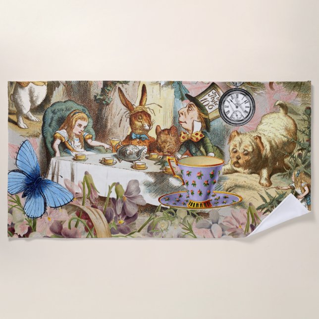Alice in Wonderland Tea Party Art Beach Towel (Front)