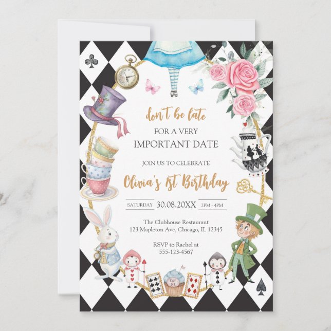 Alice in Wonderland Tea Party Birthday Invitation (Front)