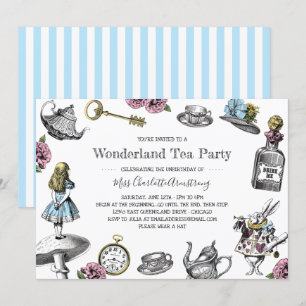Alice in Wonderland Tea Party Blue Stripes Invitation