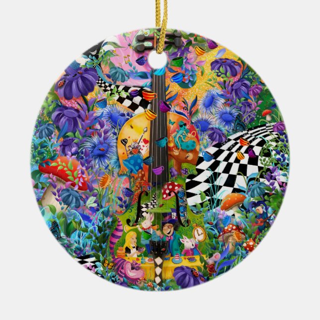 Alice In Wonderland Tea Party by Juleez Violin Ceramic Ornament (Front)