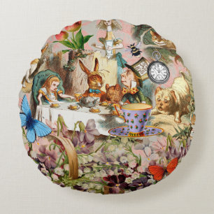 Alice in Wonderland tea party characters Round Pillow
