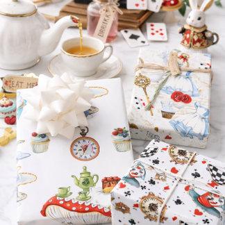 Alice in Wonderland Tea Party Pattern Whimsical Wrapping Paper Sheet
