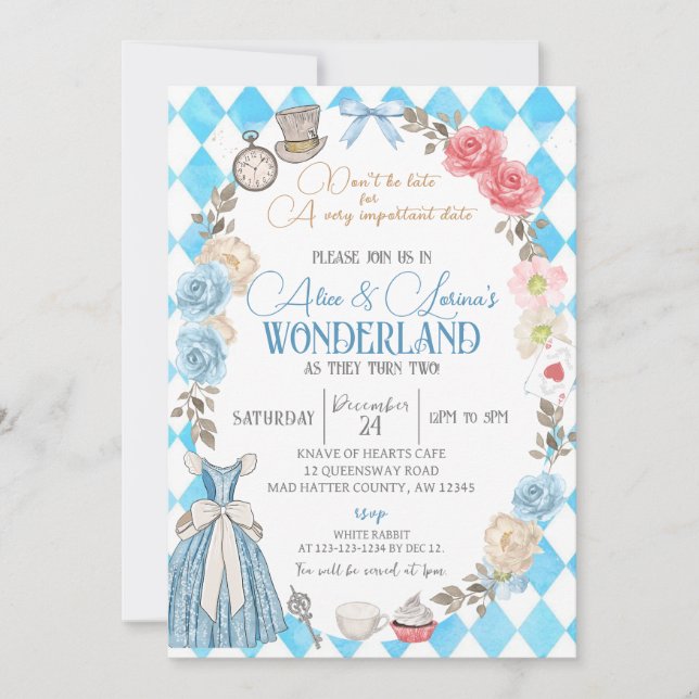 Alice in Wonderland, Twins Birthday Tea for Two Invitation (Front)