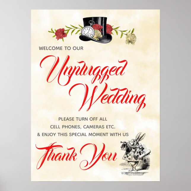 Alice in Wonderland Unplugged Wedding Sign (Front)