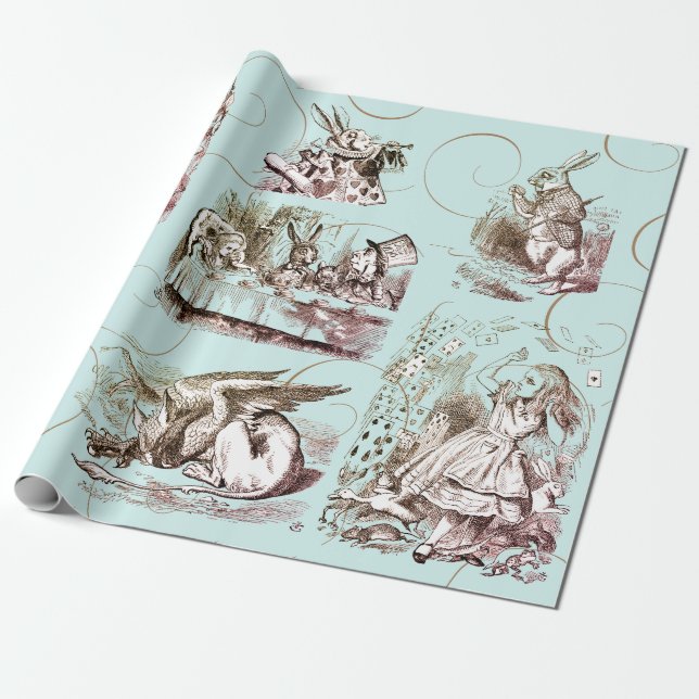 Alice in Wonderland Vintage Blue Gold Wrapping Paper (Unrolled)