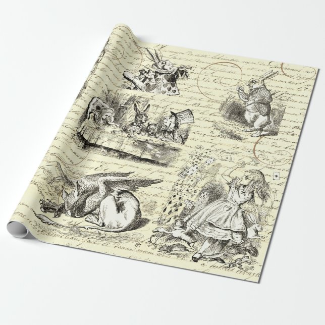 Alice in Wonderland Vintage Script Beige Wrapping Paper (Unrolled)