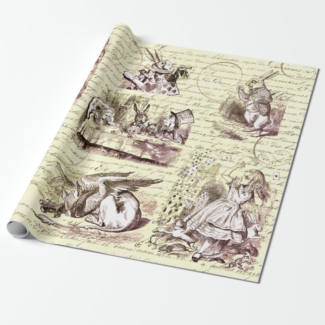 Alice in Wonderland Vintage Script Beige Wrapping Paper (Unrolled)