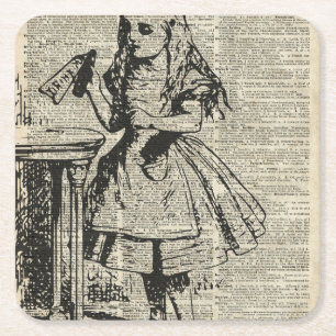 Alice in Wonderland Vintage Stencil on Old Page Square Paper Coaster