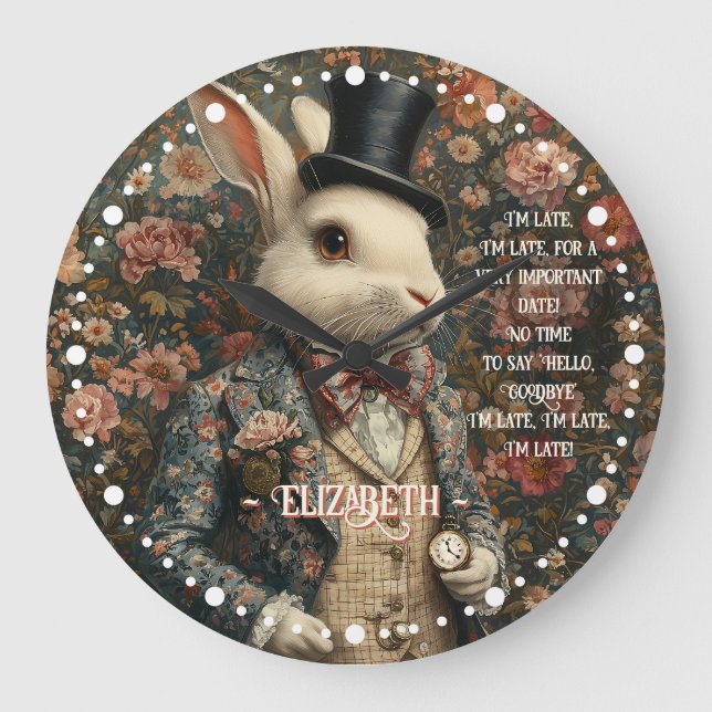 Alice in Wonderland Vintage White Rabbit Large Clock (Front)