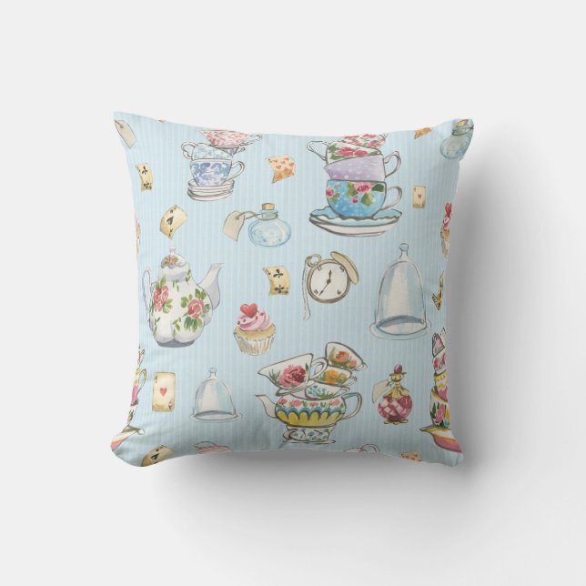 Alice in Wonderland Watercolor Blue Ticking Stripe Throw Pillow (Front)