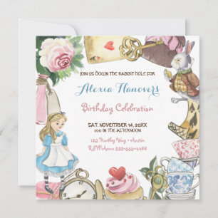 Alice in Wonderland Watercolor Hand Painted Rabbit Invitation