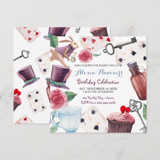 Alice in Wonderland Watercolor Hand Painted Rabbit Invitation (Front/Back)