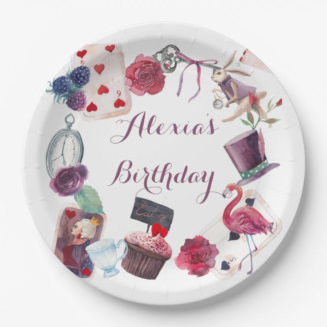 Alice in Wonderland Watercolor Hand Painted Rabbit Paper Plate (Front)