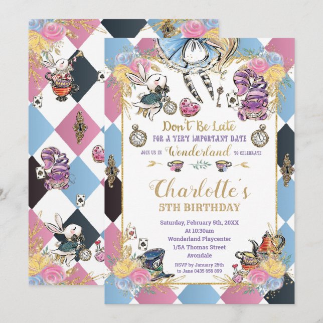 Alice in Wonderland Whimsical Birthday Tea Party Invitation (Front/Back)