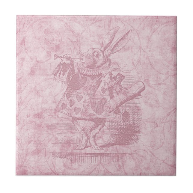 Alice in Wonderland White Rabbit Pink Floral Art Tile (Front)